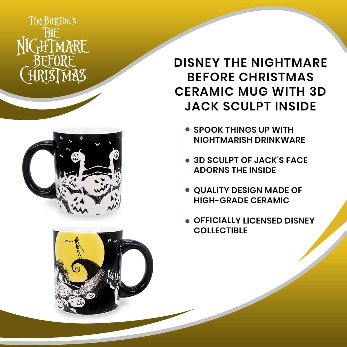Disney The Nightmare Before Christmas 18-Ounce Ceramic Mug With 3D Jack Skellington Sculpt Inside | Large Coffee Cup For Espresso, Caffeine, Home & Kitchen Essentials | Tim Burton Halloween Gifts