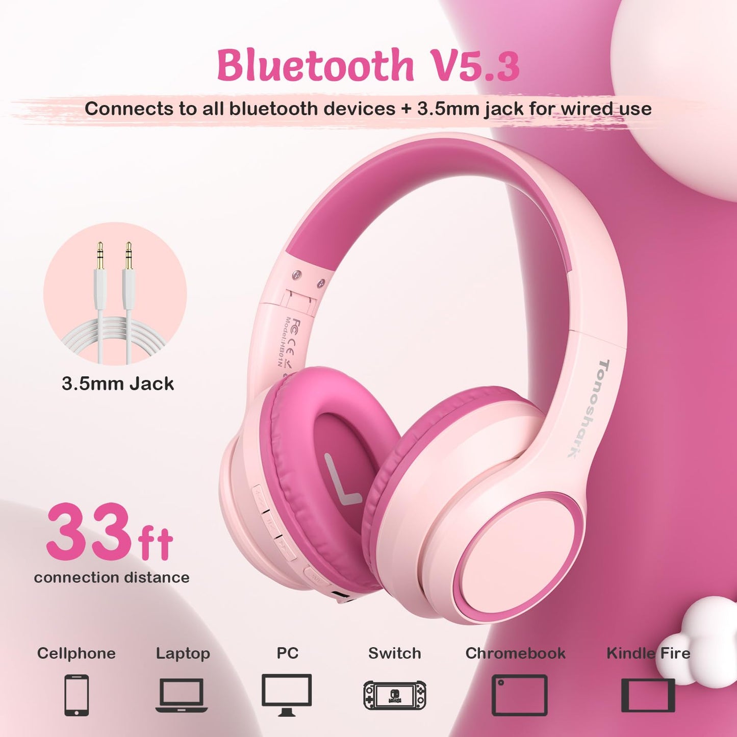 TONOSHARK Kids Bluetooth Headphones with Active Noise Cancelling, Wireless Over-Ear Headphones for Boys Girls, Foldable, Adjustable, 40H Playtime, Mic for School Travel(Pink)