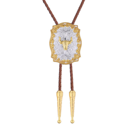 GelConnie Western Bolo Tie for Men Gold Cow Skull Pendant on Brown Leather Bolo Tie Handmade Western Ties Cowboy Necktie Accessories