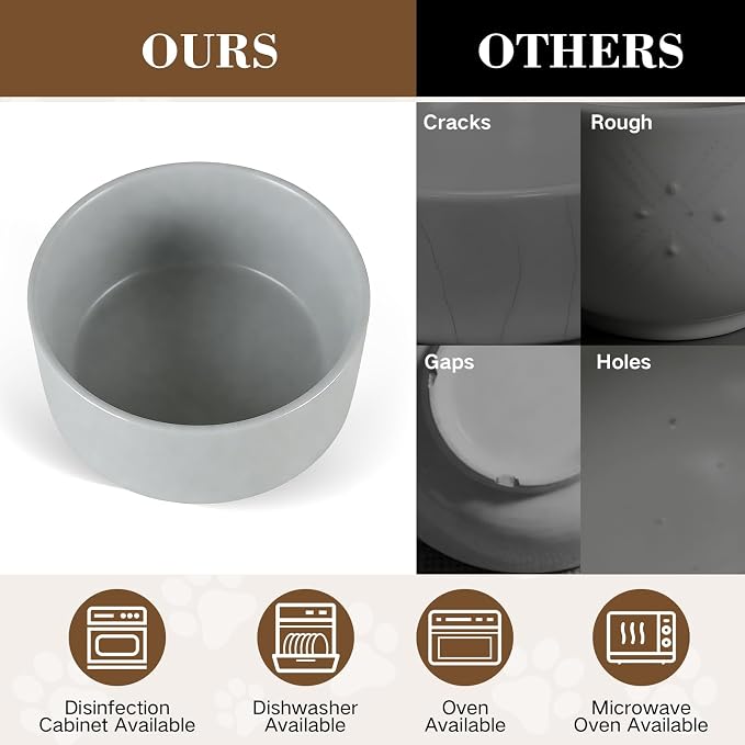 Ceramic Dog and Cat Bowl Set with Wooden Stand Matte Glaze Elevated Food Water Set Anti-Tip Non-Slip Weighted for Cats Small Breed Dogs-Grey-13.3OZ