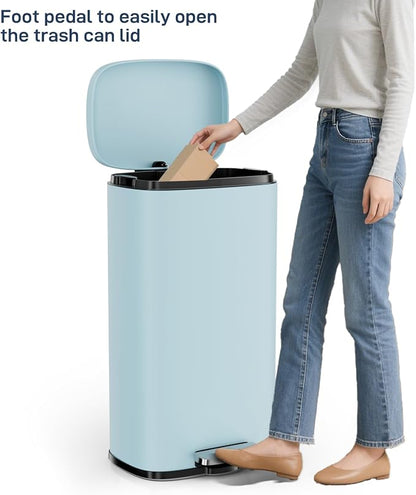 Arlopu 8/13.2 Gallon Step Trash Can, Stainless Steel Garbage Bin, Soft-Close Rubbish Bin with Removable Plastic Inner Bucket, Fingerprint-Proof, Lid Dustbin, Suit for Kitchen (Tide Pool Blue, 30L)