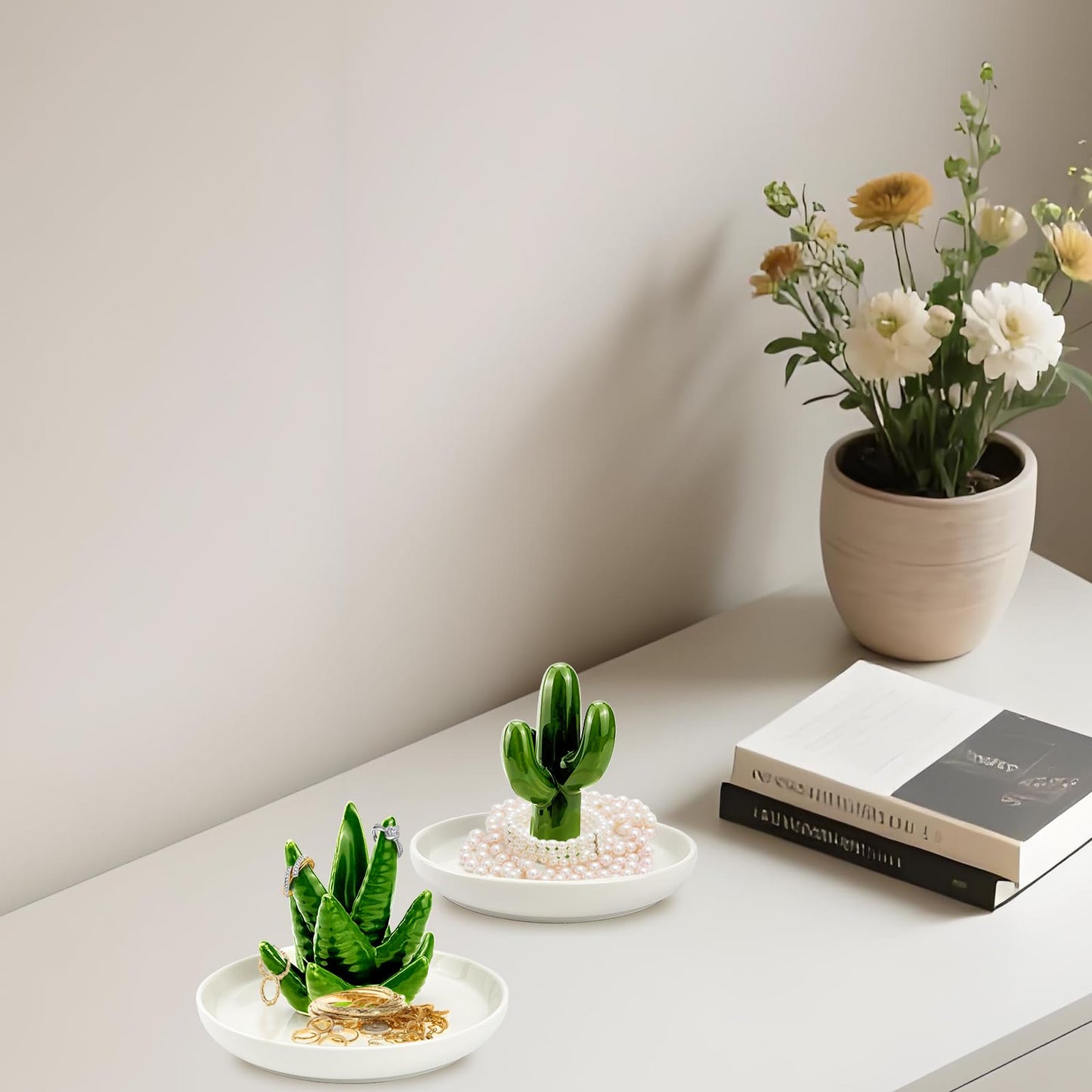 Seuqhck Ceramic Ring Holder Dish Set of 2 - Cactus & Aloe Jewelry Organizer Tray for Rings, Earrings, Necklaces, Decorative Succulent Trinket Dish for Home Decor, Wedding, Birthday Gifts for Women