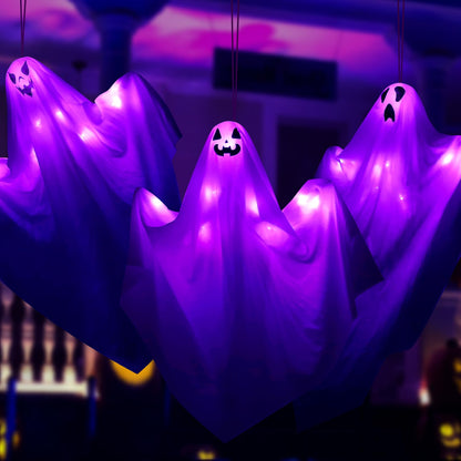 5Pack Halloween Hanging Ghost with Spooky Purple LED Light,27.5’’ Light up Flying Ghost Outdoor Hanging Ghosts Decorations for Front Porch Tree Patio Lawn Garden Party Decoration
