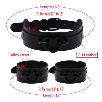 Tosmifairy 3Pcs Leather Choker Collar Set,Heart Necklace + Wide Wrist Bracelets Combo Punk Gothic Cosplay Jewelry Gift for Women,Black-All