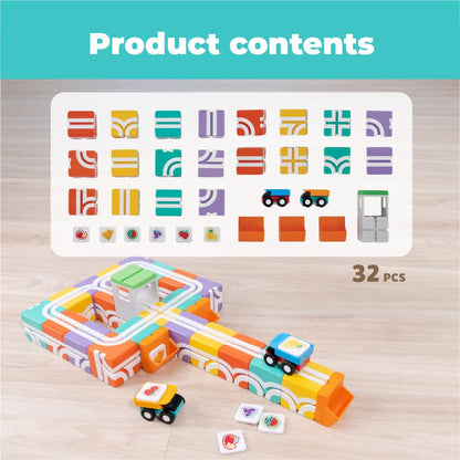 QBI Magnetic Blocks for Toddlers Ages 2-4｜STEM Magnetic Building Blocks with Trucks & Fruit Tiles｜Montessori Magnet Building Cubes for Kids｜Educational Gifts for Boys & Girls Ages 2+ (32PCS)