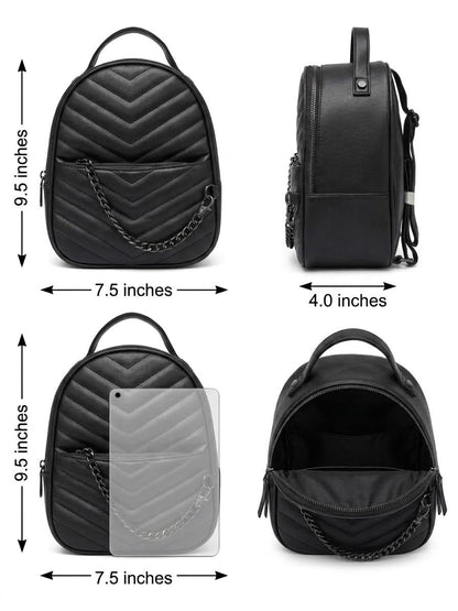 Quilted Mini Backpack, Black, Faux Leather, Chevron Pattern, Chain Detail, Top Handle, Everyday Backpack