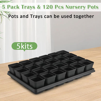 RooTrimmer 5 Pack 24 Cell Nursery Pots Trays with 2.8 inch (7CM) Square Nursery Pots 120pcs (Black), Plastic Seed Starter Tray with Drain Holes for Carrying and Holding Plant Pot(17"x11"x1.6")