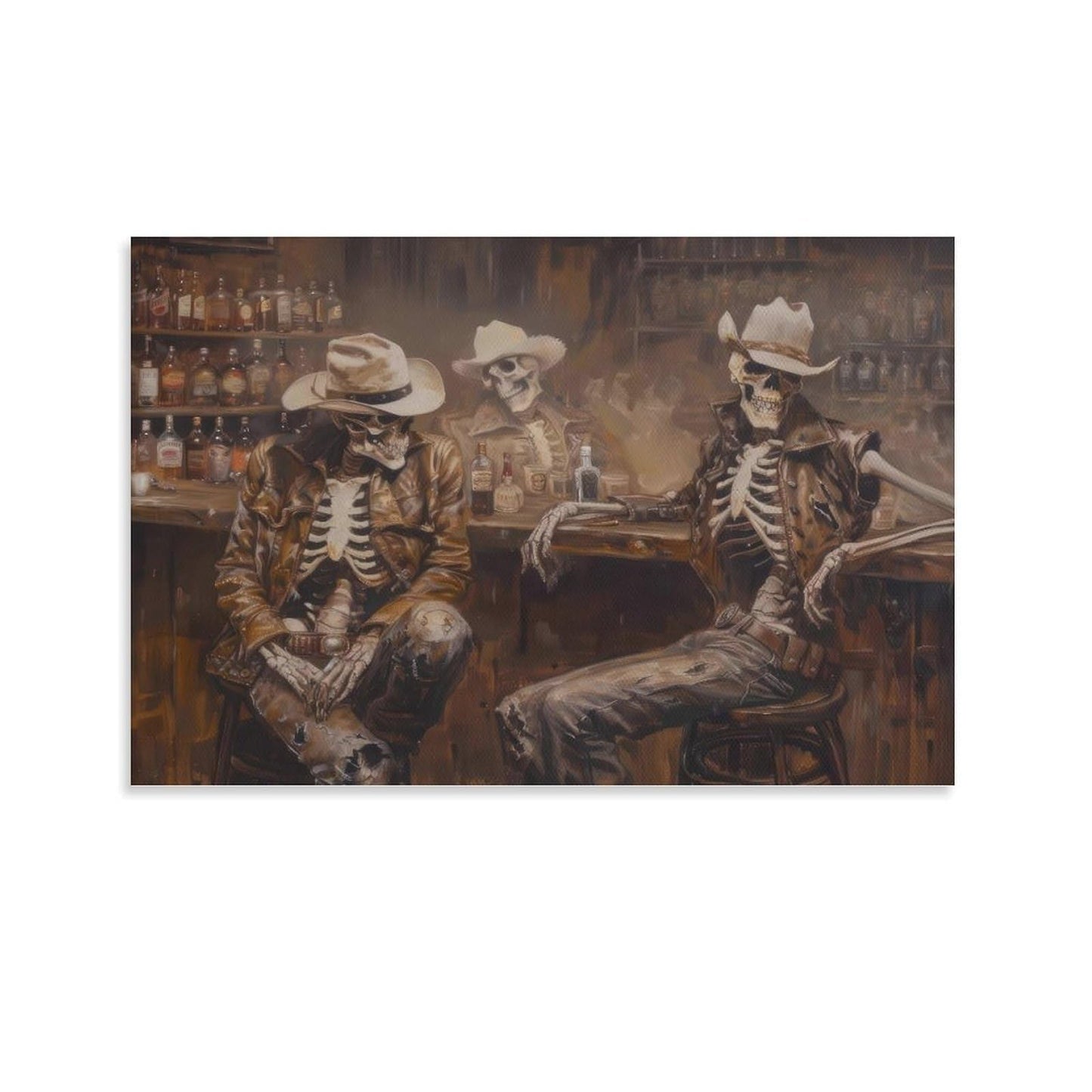 Skeleton Cowboy Saloon Trio Western Rustic Canvas Printing Wall Art Posters Prints Bohemian Aesthetic Bar Scene Oil Style Wall Decor for Living Room Bedroom Bar Office Den 12x18inch(30x45cm)