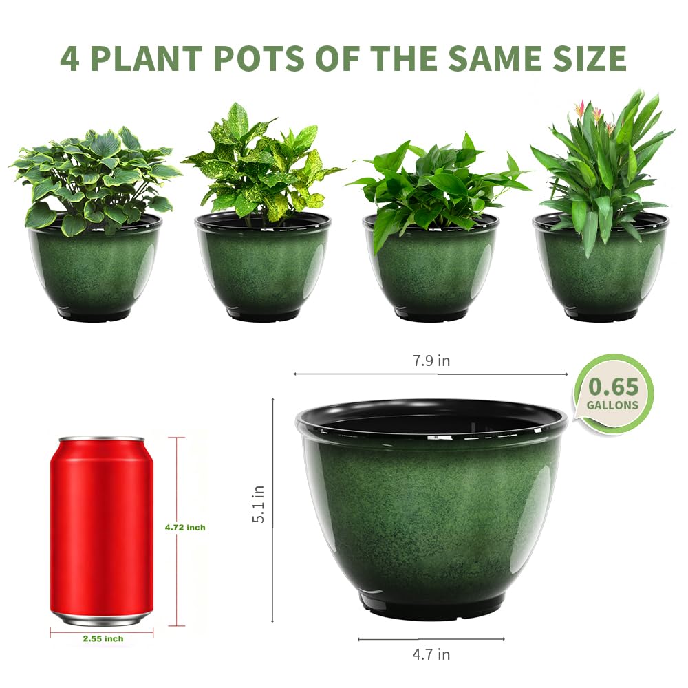 Vanslogreen 8 Inch Plastic Plant Pots, Set of 4 Flower Pots Planters with Drainage Hole, Glossy Smooth Finish Planter for Indoor Outdoor Succulent Snake Plants (Green)