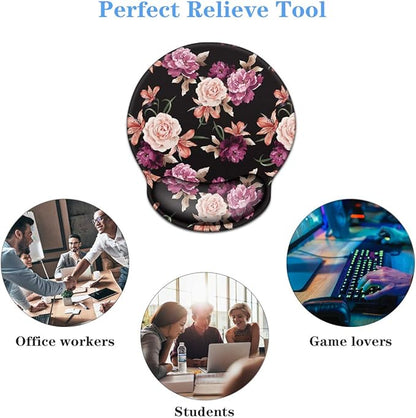 WAVEYU Mouse Pad with Wrist Support, Cute Designed Mouse Mat, Non-Slip Rubber Base Mousepad for Laptop, Computer, Black Flower