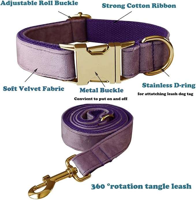 Love Dream Velvet Dog Collar and Leash Set, Soft & Comfy Adjustable Dog Leash and Collar with Heavy Duty Metal Buckle for Small Medium Large Dogs Training & Walking (Medium, Purple)