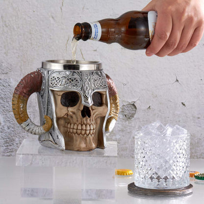 Stainless Steel Viking Skull Mug+Coaster,Double Handle Horn Skull Beer Mug Tankard, Medieval Drinkware Mug for Coffee/Beverage/Juice17oz.