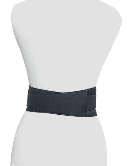 Women's Genuine Black Leather Obi Sash Wrap Corset Harness Wide Elegant Buckle Belt (M(8-10 US), Black)