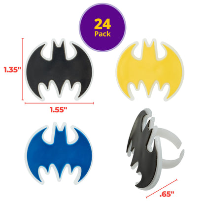 DecoPac Batman Dark Knight Rings, Glow In The Dark Batman Cupcake Decorations, Bat Signal Cake Toppers in Black, Yellow, Blue - 24 Pack