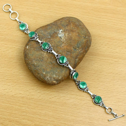 Natural Malachite 925 Silver Plated Green Gemstone Bracelet for Women - April Birthstone Vintage Style Handmade Jewelry Bracelet - Wedding Christmas Gifts for Her