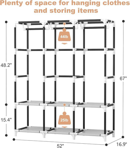 VTRIN Portable Closet Wardrobe for Hanging Clothes Closet with Cover, 3 Hanging rods, 6 Storage Shelves and Side Pocket, Diameter 19mm Metal Pipe, Sturdy Free Standing Closet for Bedroom, White