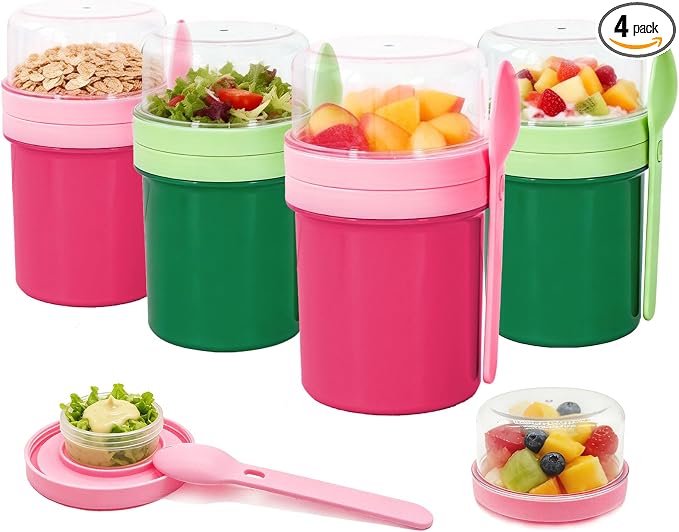 27oz Reusable Yogurt Parfait & Overnight Oats Cups – 100% Leakproof with Lid & Spoon, 4-Pack for Meal Prep, Breakfast & Gym Lunch(Pink,Green