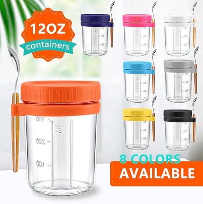 Overnight Oats Container - Yogurt Oatmeal Glass Canning with Lids and Spoon, 10 oz Cereals, Milk, Fruit Salad, with Measurement Marks (White+grey)