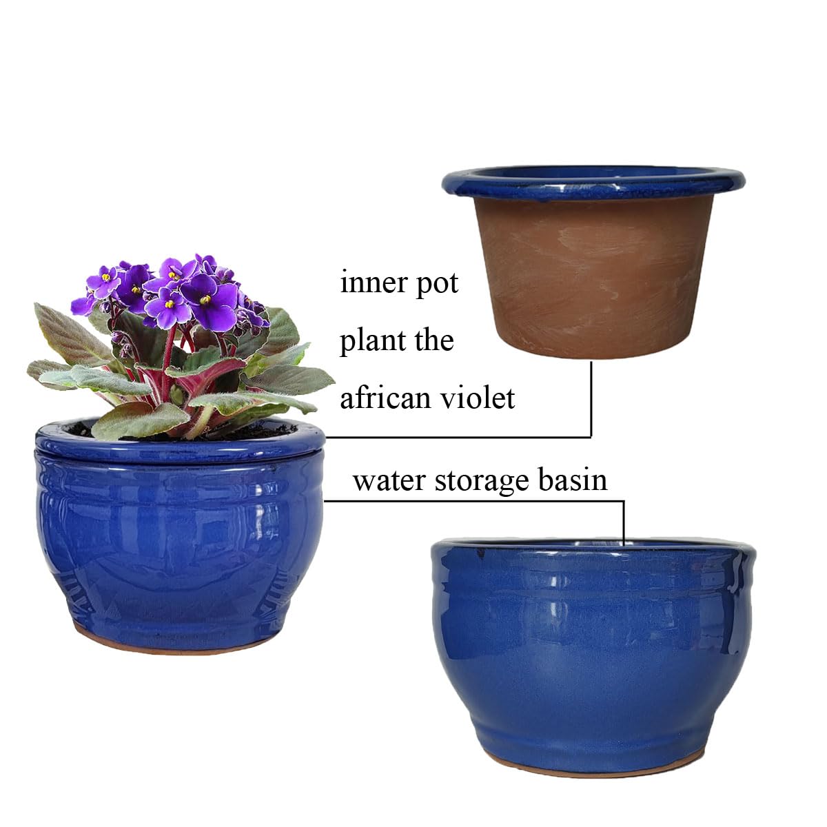 Dphagesy African Violet Pots Self Watering Round Ceramic Violet Pot (Blue, 6 inch)
