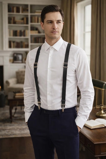 Voolup Leather Suspenders for Men Y-Back Adjustable with 4 Metal Clips Genuine Brown Wedding Groomsmen Gift (Black)