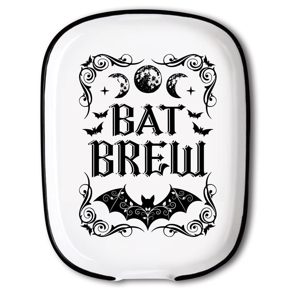 ANATTASOUL Ceramic Spoon Rest for Stove Top Divination Bat and Moon Phases Pattern 4.52"x5.9" Large Spoon Holder, Heat Resistant Utensil Holder Kitchen Counter Decor for Cooking Lover