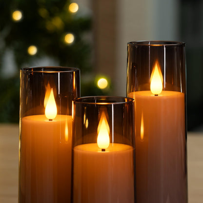 Amagic Grey Flameless Candles 9 Set, Battery Operated Candles with Remote Control and Timer, Flickering LED Pillar Candles for Home Halloween Decor, 3D Wick, Warm Yellow Light, D2.2 xH5 6" 7"
