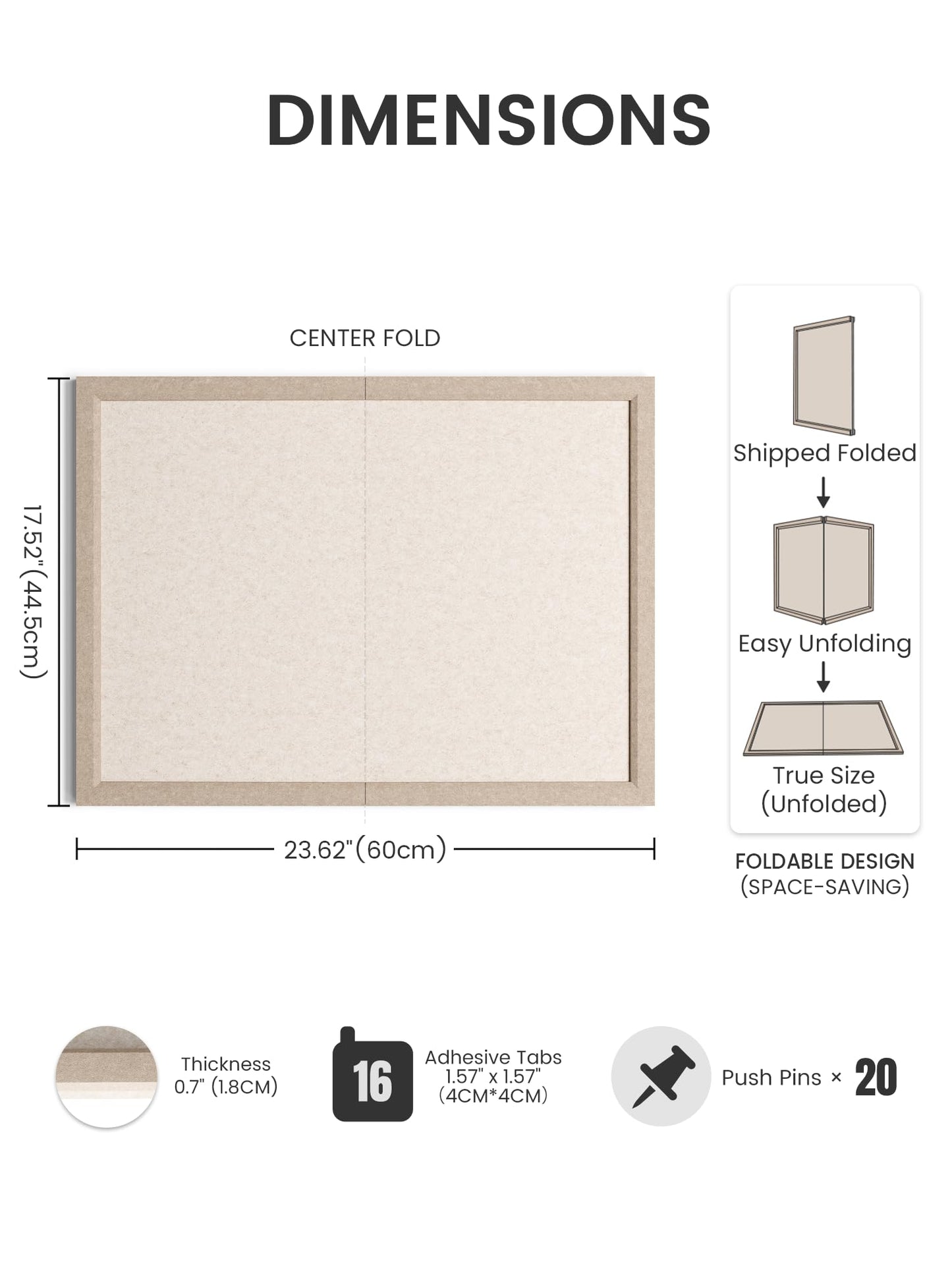 Fluxynara Foldable Cork Board Alternative, Felt Bulletin Board 23.6" x 17.5" Deep Camel Frame with 12 Adhesive Tabs, Pin Board for Home Office, Classroom, Entryway, Kitchen Wall Decor—Oatmeal