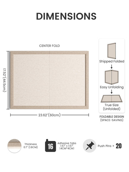 Fluxynara Foldable Cork Board Alternative, Felt Bulletin Board 23.6" x 17.5" Deep Camel Frame with 12 Adhesive Tabs, Pin Board for Home Office, Classroom, Entryway, Kitchen Wall Decor—Oatmeal