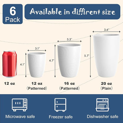 Wheat Straw Cups 6 PCS, Unbreakable 16 OZ Tumbler Set, Lightweight Glass Cups with Unique Pattern, Reusable Alternative to Plastic Cups, Dishwasher Safe Tumbler for Kitchen, Camping, White