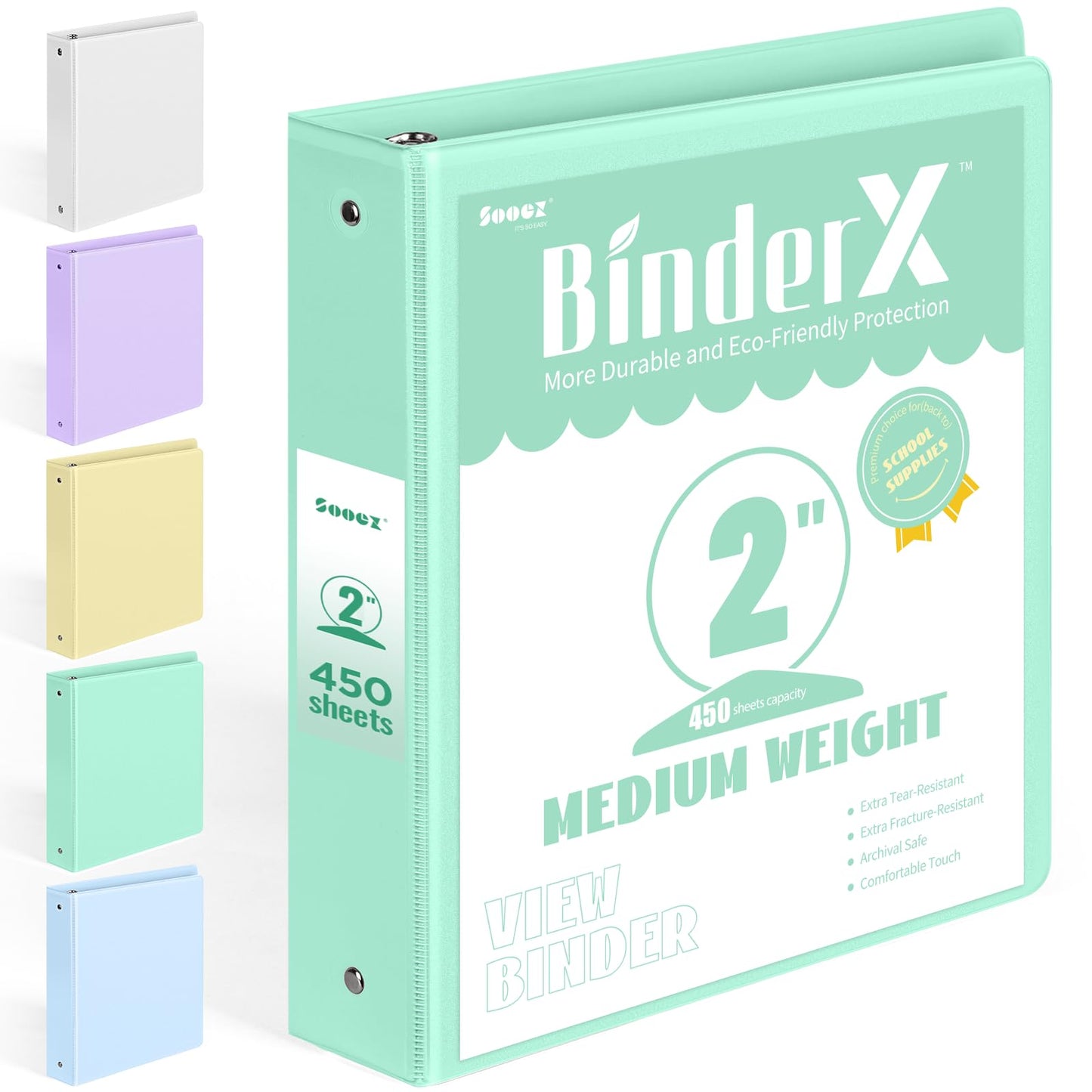 BinderX Extra Durable 3 Ring Binder, Round Ring 2 Inch Binders, Fits 450 Sheets of 8.5x11 Paper, Customizable View Cover with Inside Pockets, Cute 2" Binder, School Supplies for Girls, Green