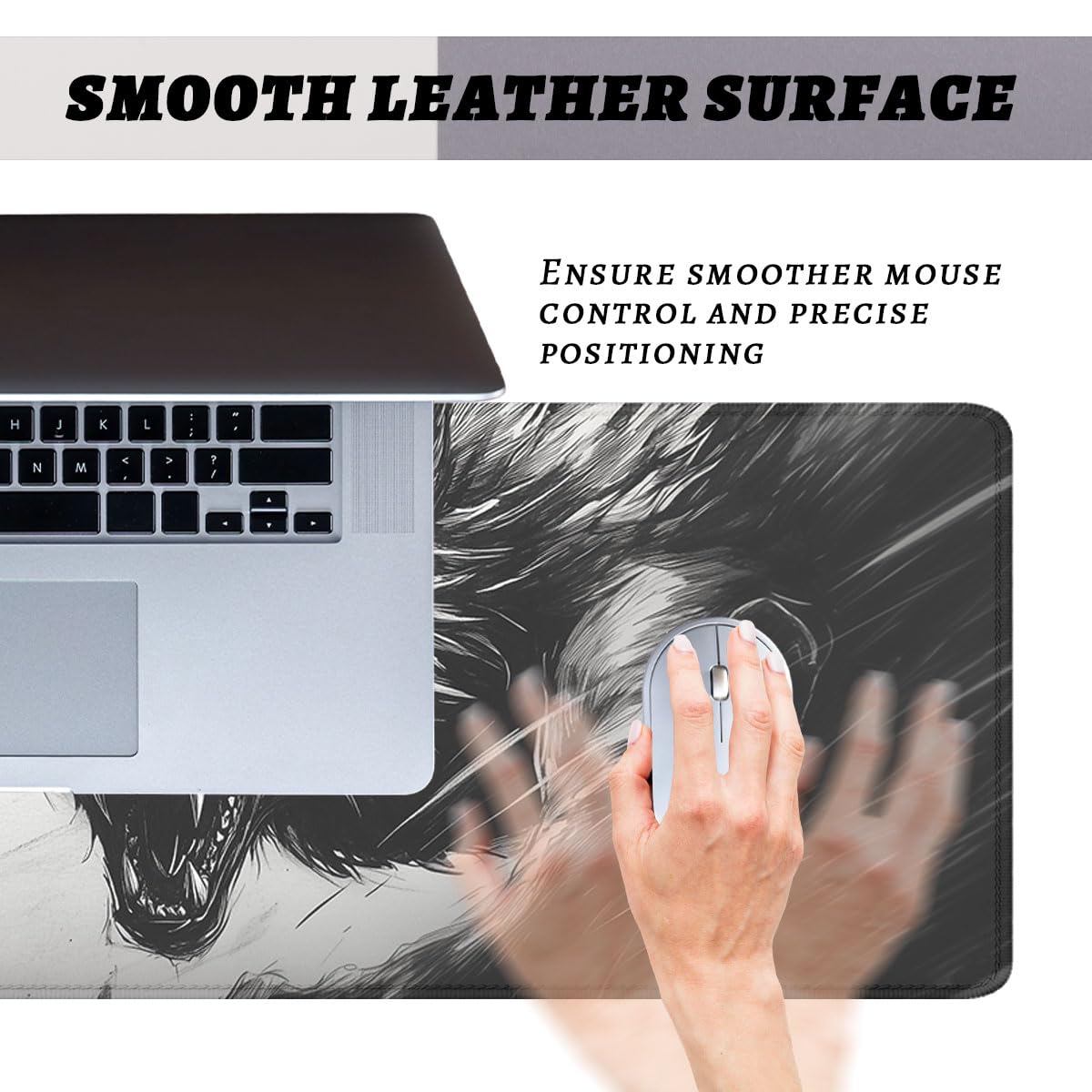 Werewolf Mouse Pad Wolf Howling Fantasy Black White Anime Extended Mousepad Waterproof Stitched Edges Rubber Base Non-Slip Deskmap Computer Keyboard Mat 31.5x11.8 in
