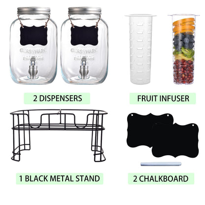 Galssmagic 1 Gallon Drink Dispenser with Stand,2 Pack Beverage Dispenser with Stand,Glass Water Juice Dispensers Punch Bowl for Parties