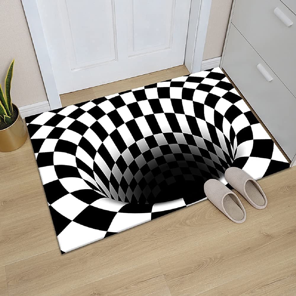 NUYKOUY 3D Visual Optical Floor Mat Black White Plaid Round Rugs Vortex Optical Illusion Rug for Floor,Floor mats for Home,Rubber Floor mats