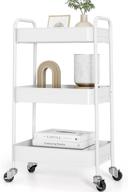 TOOLF 3-Tier Rolling Cart - Metal Utility Storage Organizer with Lockable Wheels, 33 lbs Per Shelf, Tool-Free 5-Min Assembly, for Kitchen Bathroom Office Nursery Craft Room, White