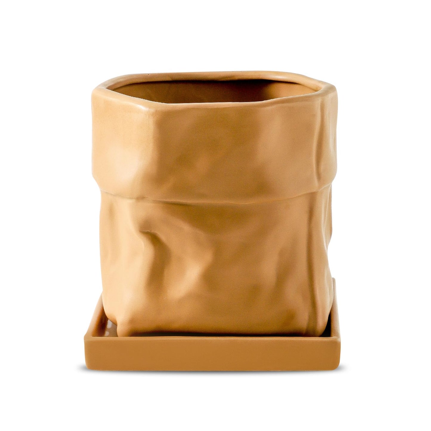 Nihow Ceramic Plant Pot: 6 Inch Planter with Drainage Hole & Square Saucer for Herbs/Plants, Bag Shape Design Flower Pot for Indoor & Outdoor Garden Decor - Terracota