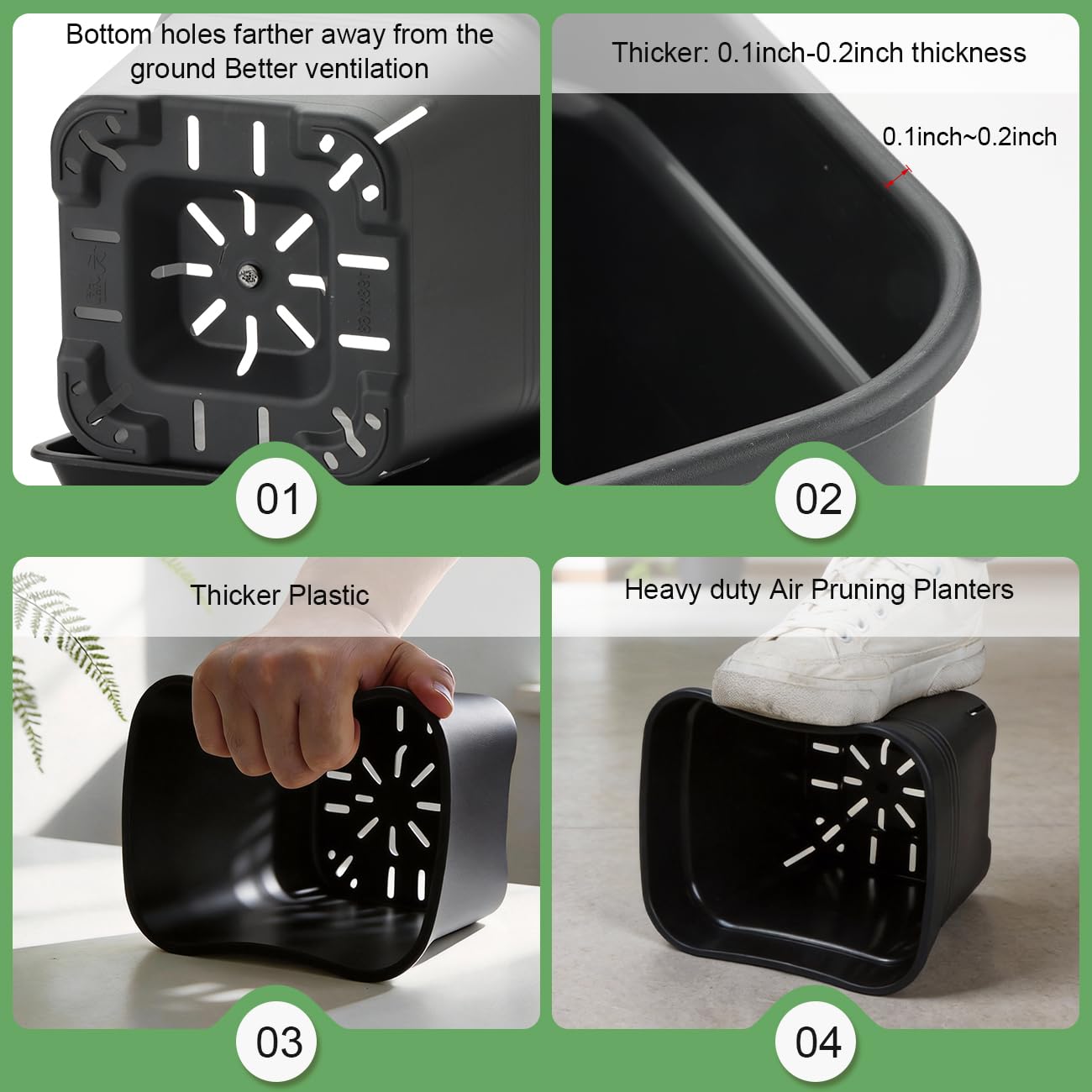 8 Inch Square Plastic Planter Pot- 6 Pack Heavy Duty Planters with Trays, 24 Strip Drainage Holes for Root Aeration & Prevention of Root Rot, Raised Bottom Airflow Center, BPA-Free Black Flower Pots