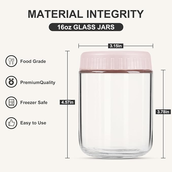 SHOWIN Overnight Oats Containers with Lids, 16oz Glass Jars with Lids 8 pcs, Pink, Wide Mouth Mason jars for Salad, Yogurt, Snacks, Meal Prep