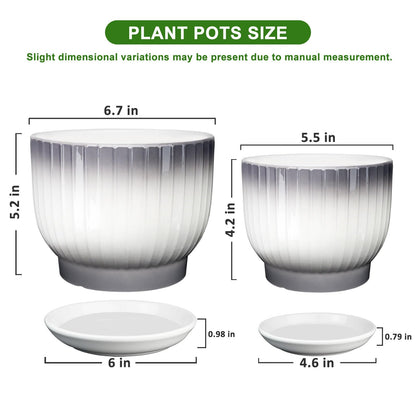 YUFDA 6.7 + 5.5 Inch Ceramic Plant Pots,Planters with Drainage and Saucer,Indoor Pots for Plants,Modern Flower Pots for Home and Office（Gray + White）