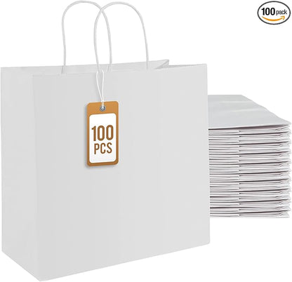 PAICUIKE 100Pcs White Kraft Paper Bags with Handles, 11x6x11 Inch Large Shopping Gift Bags for Valentine’s Day, Retail, Parties, Weddings, Birthdays, Gift Packaging