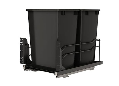 Rev-A-Shelf Steel Double Pullout Waste Container with Soft-Close, 35 Quart, Black - Sliding Garbage Bin System with Dual Trash Can for 18" Home Kitchen Base Cabinet, 53WC-1835SCDM-218