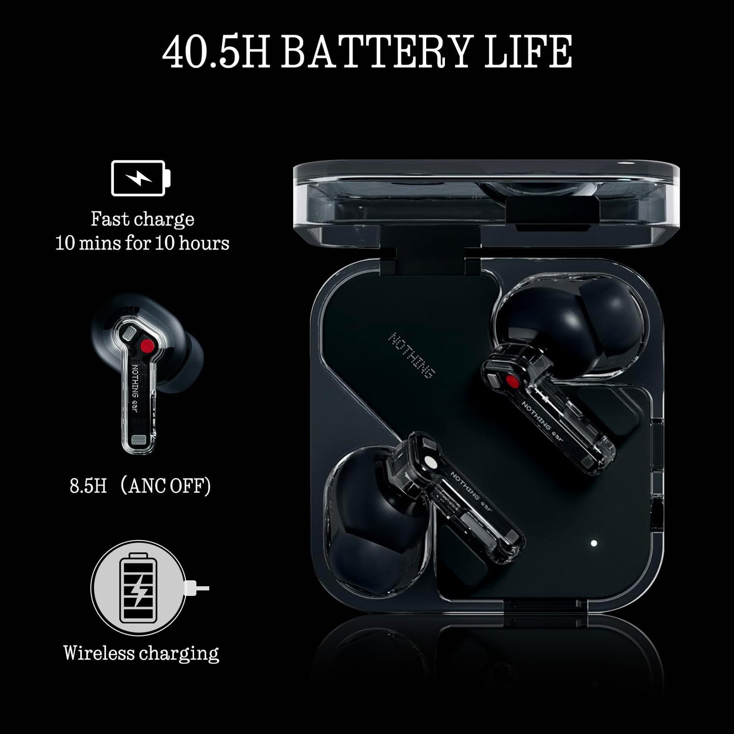 Nothing Ear Wireless Earbuds Bluetooth, 45dB Hybrid Smart ANC Earbuds, 11mm Deep Bass Boost, Hi-Res Audio with LDAC & LHDC 5.0, 6 Mics Call, 40.5H Playtime with Fast Charging Case, ChatGPT Supported