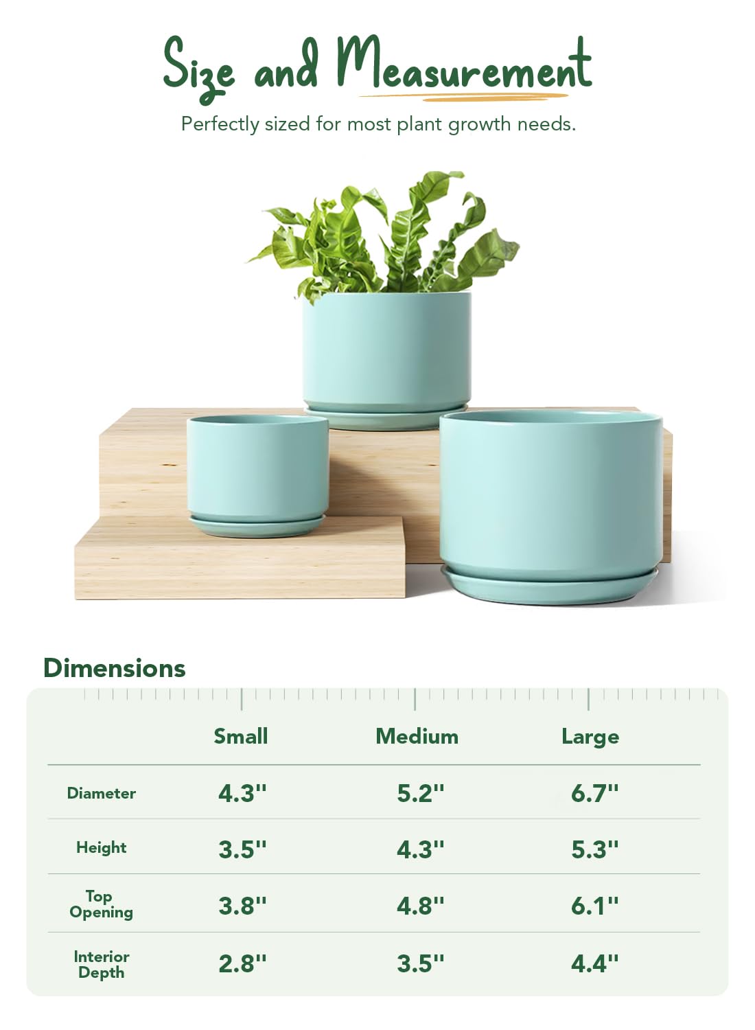 LE TAUCI Ceramic Plant Pots, 4.3+5.3+6.8 inch, Set of 3, Planters with Drainage Hole and Saucer, Indoor Flower Pot with Hole Mesh Pad, Gifts for Mom, Aqua