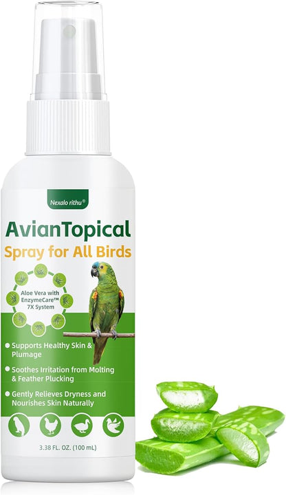 Avian Care Topical Spray for All Birds, Aloe Vera Bird Spray for Dry Itchy Skin, Molting and Feather Stress Support, Gentle Topical Care for Skin Comfort and Healthier Looking Plumage, Daily Use