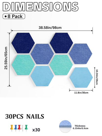 8 Pack Hexagon Felt Bulletin Board Tiles - 12 Inch Large Thick Pinboard for Walls with 30 Push Pins, DIY Panels for Home Office Decor, Aesthetic Hex Corkboard Alternative
