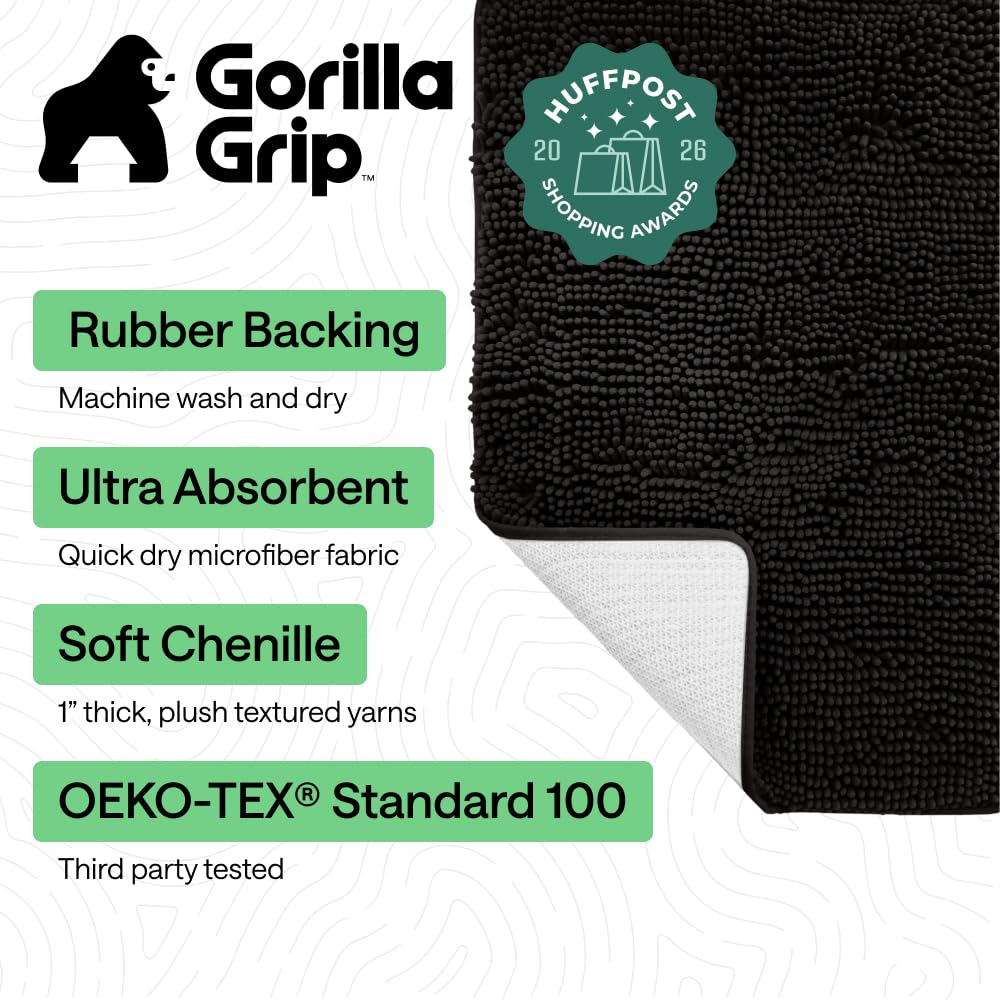 GORILLA GRIP Bath Rug Mat 48x17, Thick Soft Absorbent Chenille, Quick Dry Microfiber Mats, Rubber Backing Washable Shower Floor Rugs, Bathmat Runner, US Designed Bathroom Home Decor Accessories Black