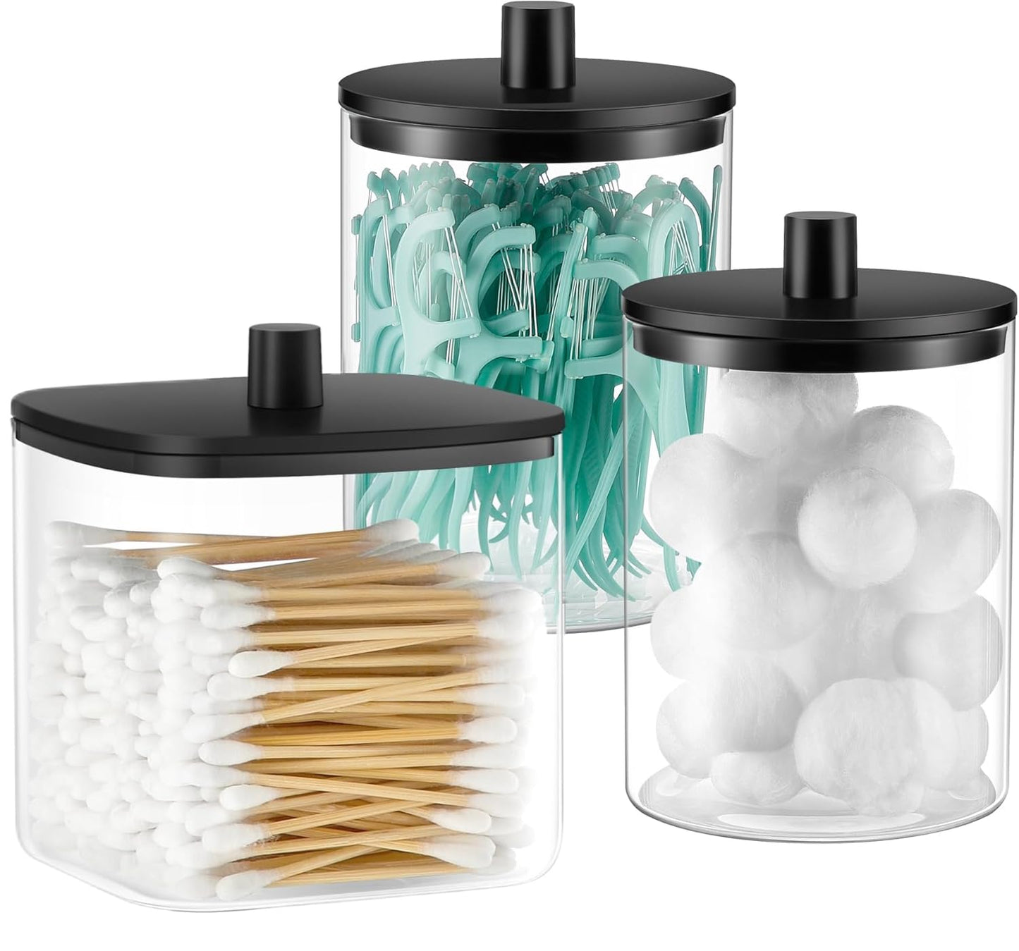 3 Pack Glass Qtip Holder Dispenser- 10 oz Clear Canister Apothecary Jar, Bathroom Vanity Storage Organizer Set for Cotton Swabs, Pads, Floss Picks, Small Containers for Makeup Storage (Black)