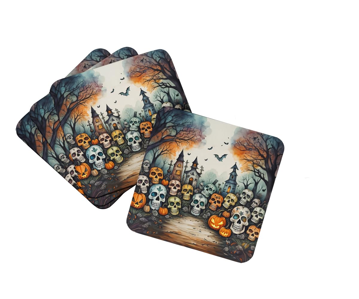 Caroline's Treasures Calaveras Sugar Skulls Spooky Halloween Foam Coaster Set of 4 Cup Coasters for Indoor and Outdoor, Coaster for Tabletop Protection, Anti Slip, Mouse pad Material