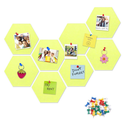 8 Packs Yellow Hexagon Felt Pin Board, 12" Bulletin Board with 30 Push Pins, Felt Board for Home Kitchen Office Decor, Self-Adhesive Corkboard Tiles for Walls Message Photos Memos Display