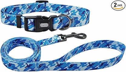 Dog Collar Leash Set, Camouflage Pattern, Polyester Material, Adjustable Collar and 5ft Matching Leash, for Puppy Dogs.(XS, Blue Camo)