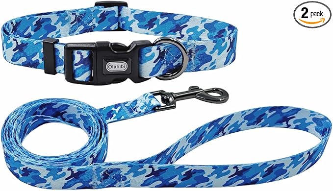 Dog Collar Leash Set, Camouflage Pattern, Polyester Material, Adjustable Collar and 5ft Matching Leash, for Medium Dogs.(M, Blue Camo)